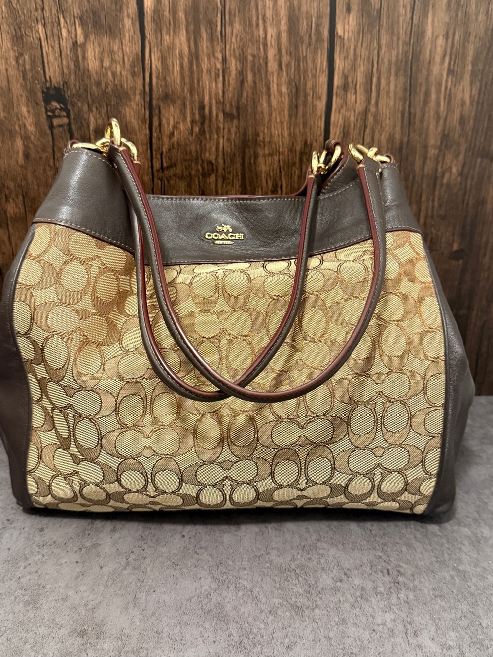 Coach Lexy Signature Canvas Shoulder Bag in Tan and Brown